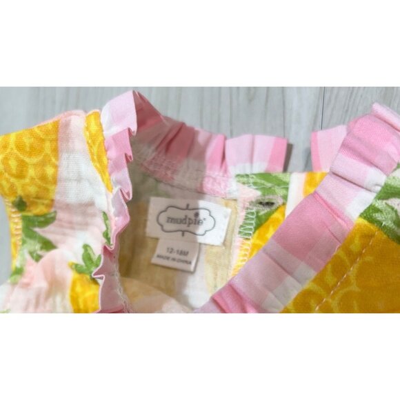 Mud Pie 12-18m NWT Pineapple pink yellow dress tiered cotton gauze fruit tropica - Picture 4 of 4